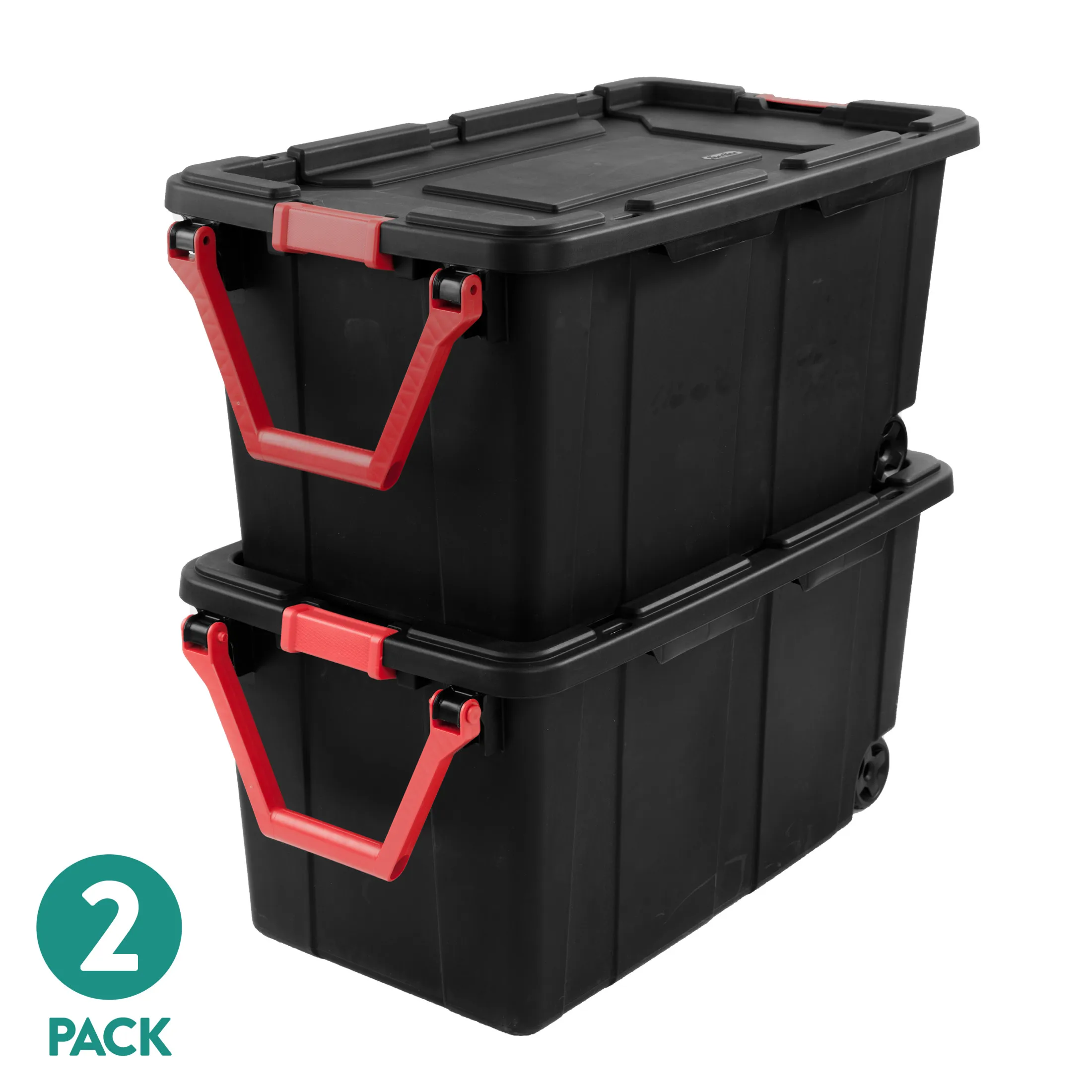 

Extra-Large Wheeled Storage Bin, 40-Gallon Durable Plastic Tote with Latch Lid and Handle, Black, 2-Pack