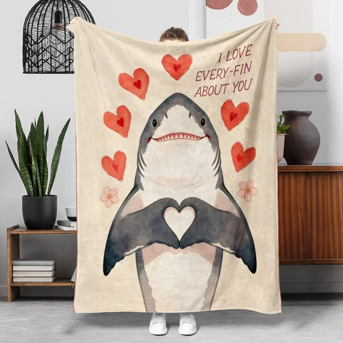 Cute Shark Love You Every Fin About You Throw Blanket Cozy Gift for Boyfriend Girlfriend 150x230cm