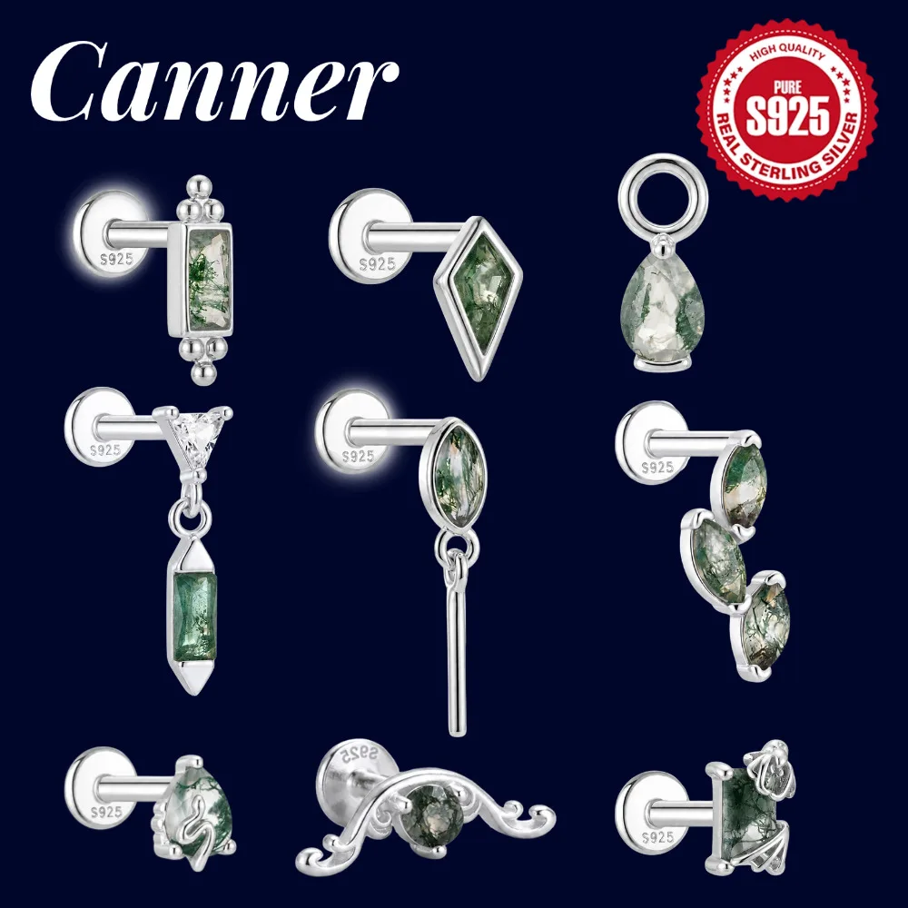 Canner 925 Sterling Silver Moss Agate Piercing Earring Cartilage Helix Tragus Flat Bcak Stud Natural Stone Body Piercing Jewelry