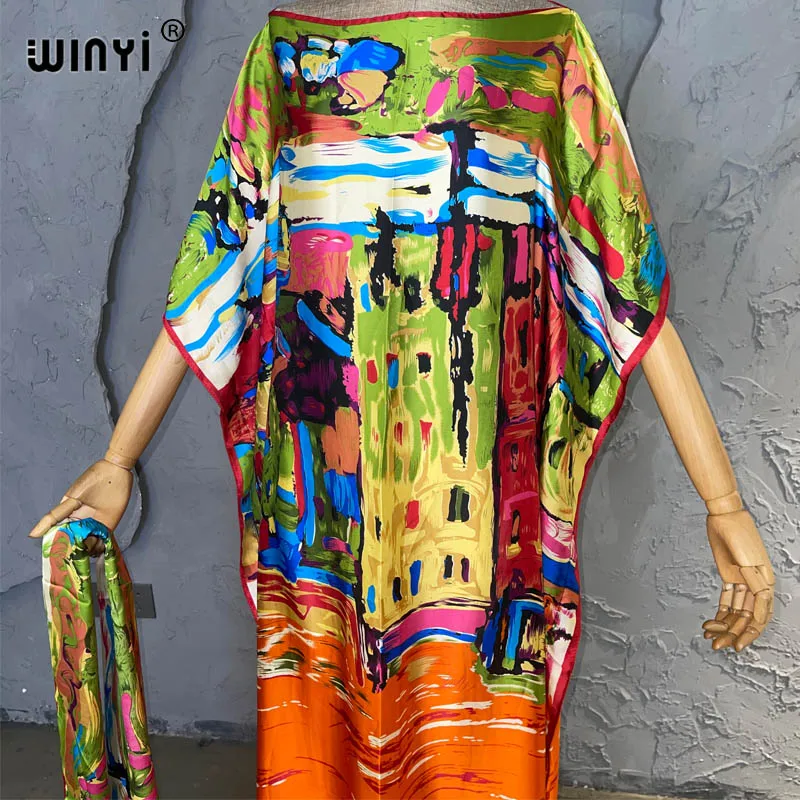 WINYI 2023 nowa afrykańska muzułmańska pani lato Boho nadrukowane Graffiti Kaftan sukienka na wakacje luźna kuwejt moda Streetwear Abaya