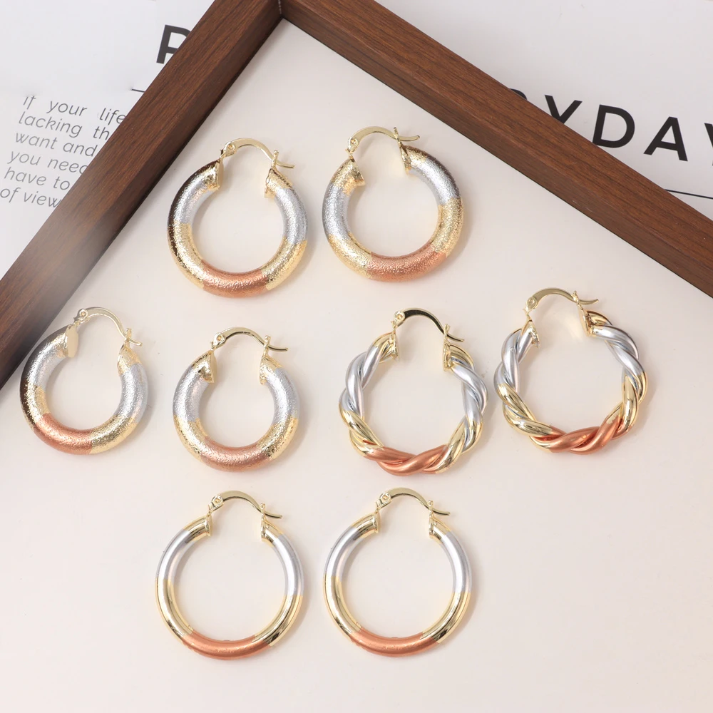 

Hot Sale Bold HoopShengroolin Glossy Rose Gold Plated Chunky Tri Color Hoop Earrings Two Tube Earrings for Women