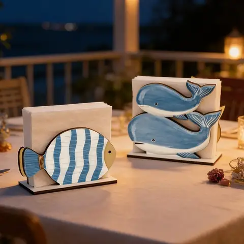 Modern Ocean Theme Wooden Napkin Holder Fish Shaped Large Capacity Desktop Ornament Decorative Tissue Dispenser Kitchen