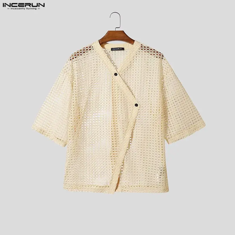 

INCERUN Men's Shirt Solid V Neck Short Sleeve Hollow Out Tops Shirts For Man See Through Loose Sexy Fashion Men Clothes Camisa