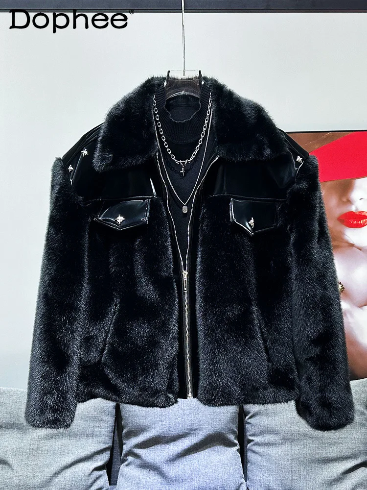 

High-end Leather Jacket Men's 2024 Autumn Winter New Handsome Lapel Collar Padded Cotton Imitation Mink Hair Thickened Fur Coats