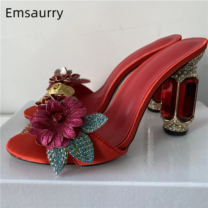 

Bling Sequins Diamond Flower Sandals Women Luxury Satin Slingbacks Crystal Rhinestone High Heel Summer Shoes