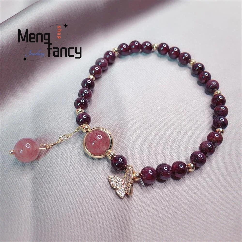 

Natural Garnet Bracelet Women Micro-set Butterfly Strawberry Simple Elegant High-grade Crystal String Exquisite Fashion Jewelry