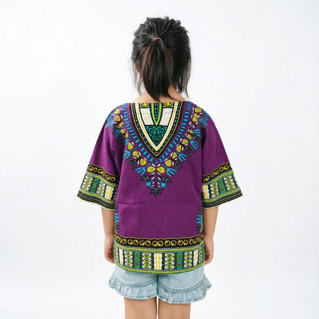 Original Design Kids Dashiki Top Purple African Print Tunic Shirt for Girls Boys Unique Ethnic Summer Blouse with Pockets