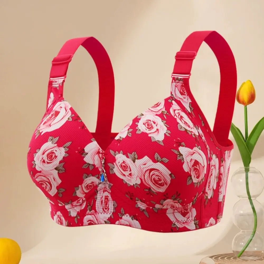 

Plus Size Elderly Mothers Flower Bra Rose Printed Shockproof Lace Women's Underwear Close-fitting Lingerie Wireless Deep V Bra