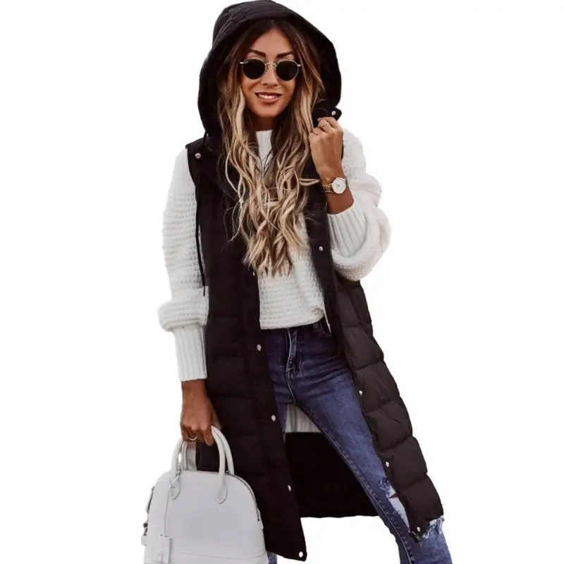 652F Women's Long Quilted Vest Hooded Cotton Sleeveless Jackets Puffer Vest Padded Coat Winter Warm Outerwear Gift