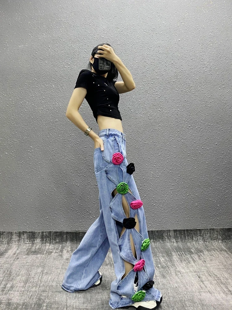 Women Colorful 3D Flowers Hollow Out Jeans Floral Denim Trousers Pockets Straight Wide Legs Cowboy Pants High Waisted Pantalon