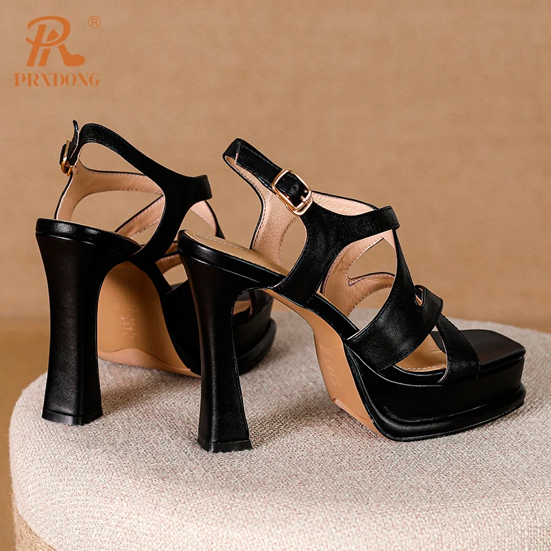 PRXDONG Genuine Leather Summer Sandals For Women Sexy High Heels PLatform Shoes Black Beige Dress Party Office Lady Pumps 34-39