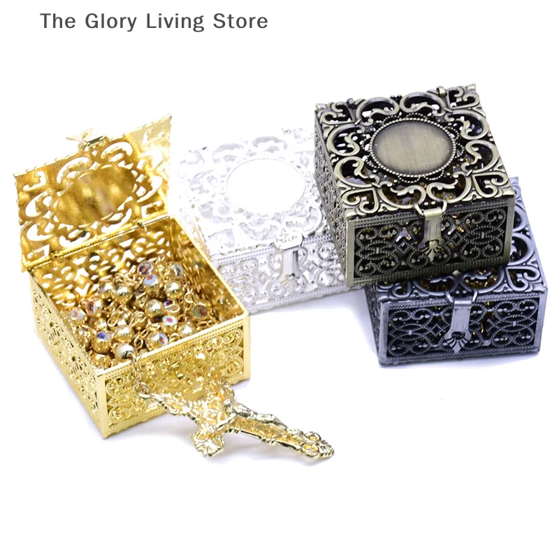 1Pc Retro Jewelry Box Vintage Christian Trinket Organizer Plastic Hollow Gold Foil Box Jewelry Storage Wedding Party Gift