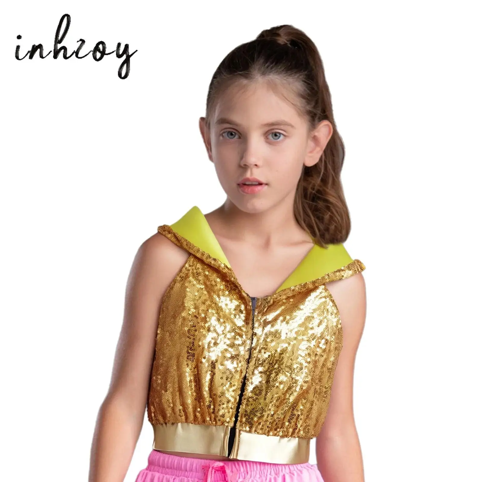 

Kids Girls Vest Coat Hip-Hop Jazz Dance Costume Sleeveless Backless Front Zipper Sparkling Sequins Hooded Crop Top Dancewear
