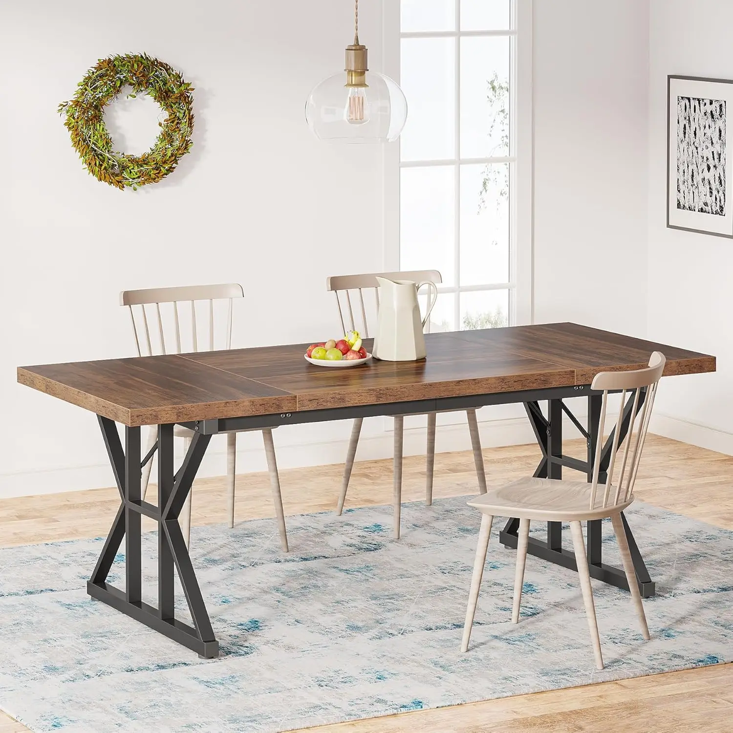 Rectangular Wood Dining Table, Rustic Kitchen Table with Heavy Duty Metal Legs for Dining Room