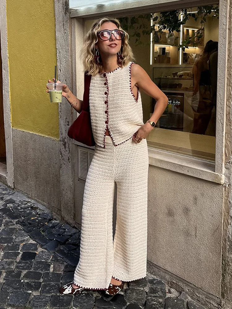 

Contrast Knit Pants Suits Women Casual O Neck Single Breasted Sleeveless Vest Sets Female 2025 Spring New High Waist Knitwears