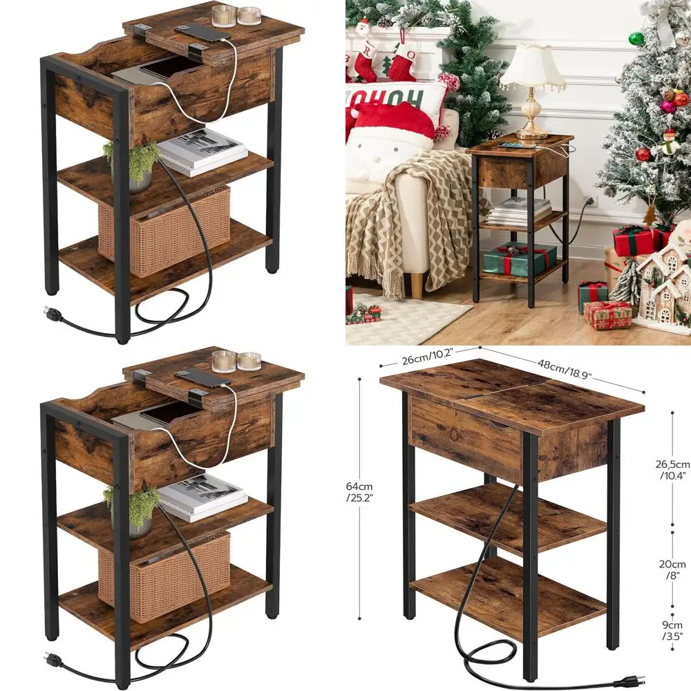 

Compact Rustic Brown Charging Side Table with USB & Outlet, Ideal for Small Spaces
