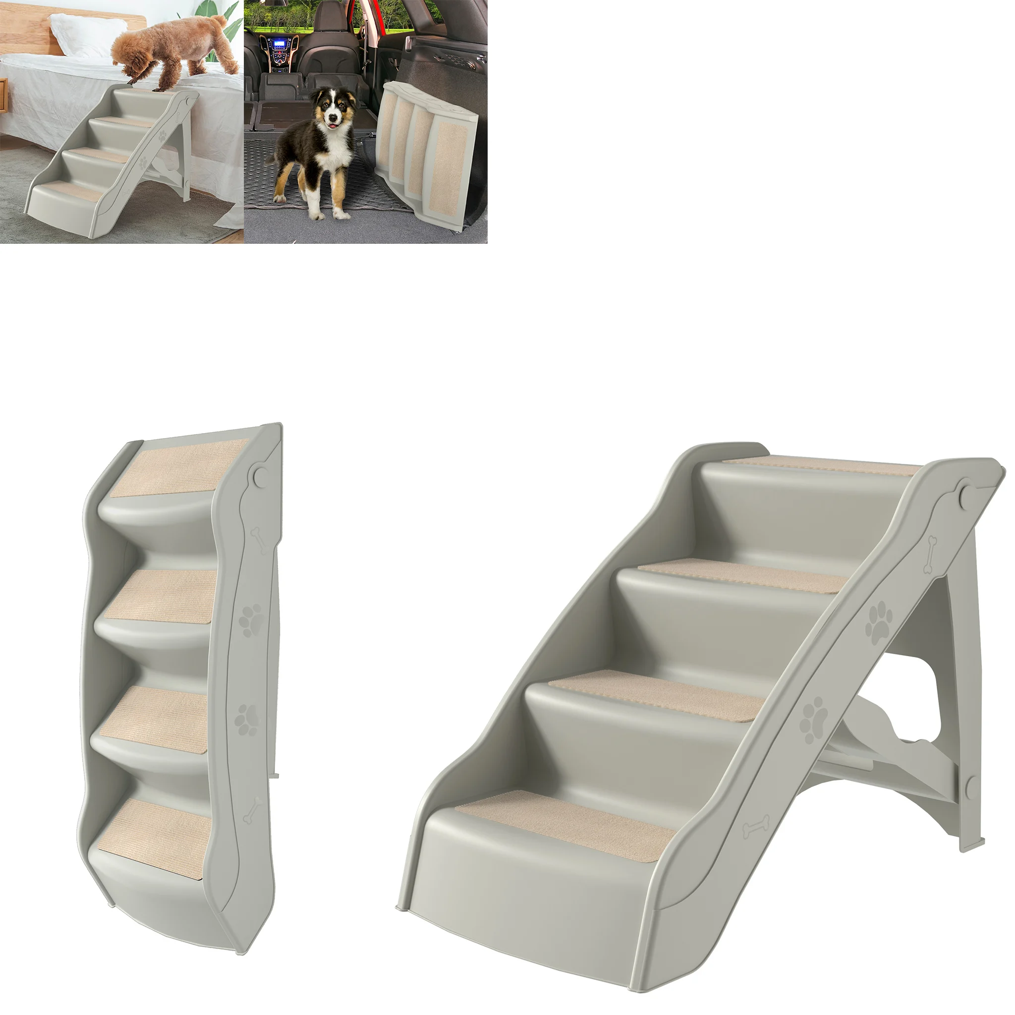 Scale pieghevoli per animali domestici, 4 gradini, colore grigio, scale per cani, rampa portatile in plastica per gatti con tappetino antiscivolo, portata fino a 75 kg, ideale per aiutare gli animali