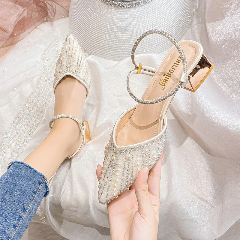 Wedding Shoes Bride Spring Autumn New Fairy Pumps Platform Heels Square Heels Rhinestone Women Shoes French Pointed High Heels