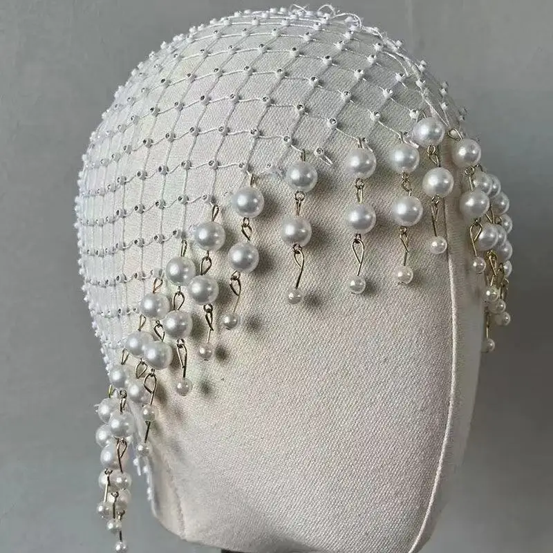

Original Design Plastic Pearls Woven Fishnet Net Fascinator Hat Elegant Bride Pearls Tassel Wedding Headpiece Chapeau De Mariage
