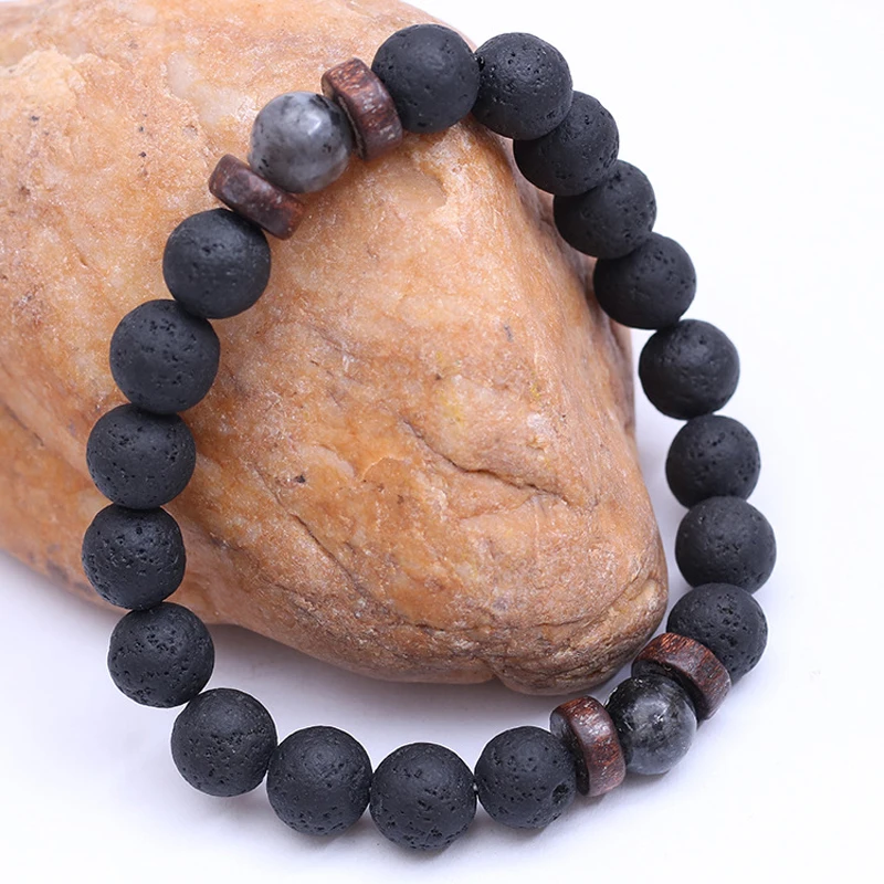 Handmade Elastic 8mm Volcanic Stone Lava Wooden Beads Bracelet for Men Tibetan Buddha Male Wrist