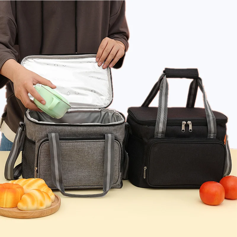 15L Portable Large Insulated Lunch Bag Black Waterproof Leak-proof Thickened Handheld Shoulder Carry Outdoor Picnic Lunch Bag