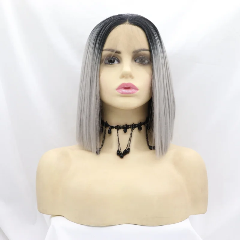 

European and American fashion cosplay medium-parted gradient gray short straight hair hand-crafted front lace matte high-tempera
