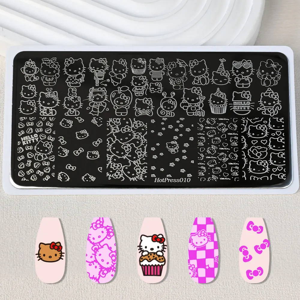 Autocollants de plaque d'estampage pour Nail Art, mignon Hello Kitty, dessin animé japonais Kawaii Kuromi, autocollants pour ongles, modèles de bricolage, outils de manucure, 1 pièce