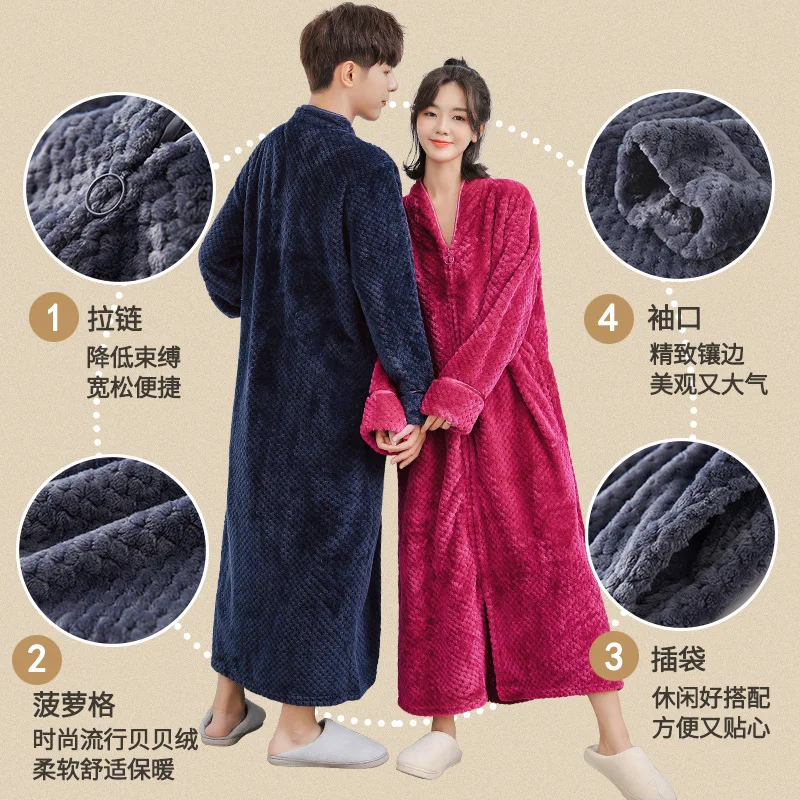 Winter Warm Nightdress Sleepwear Nightgown Robes Couple Solid Flannel Pajamas Kimono Bathrobe Homewear