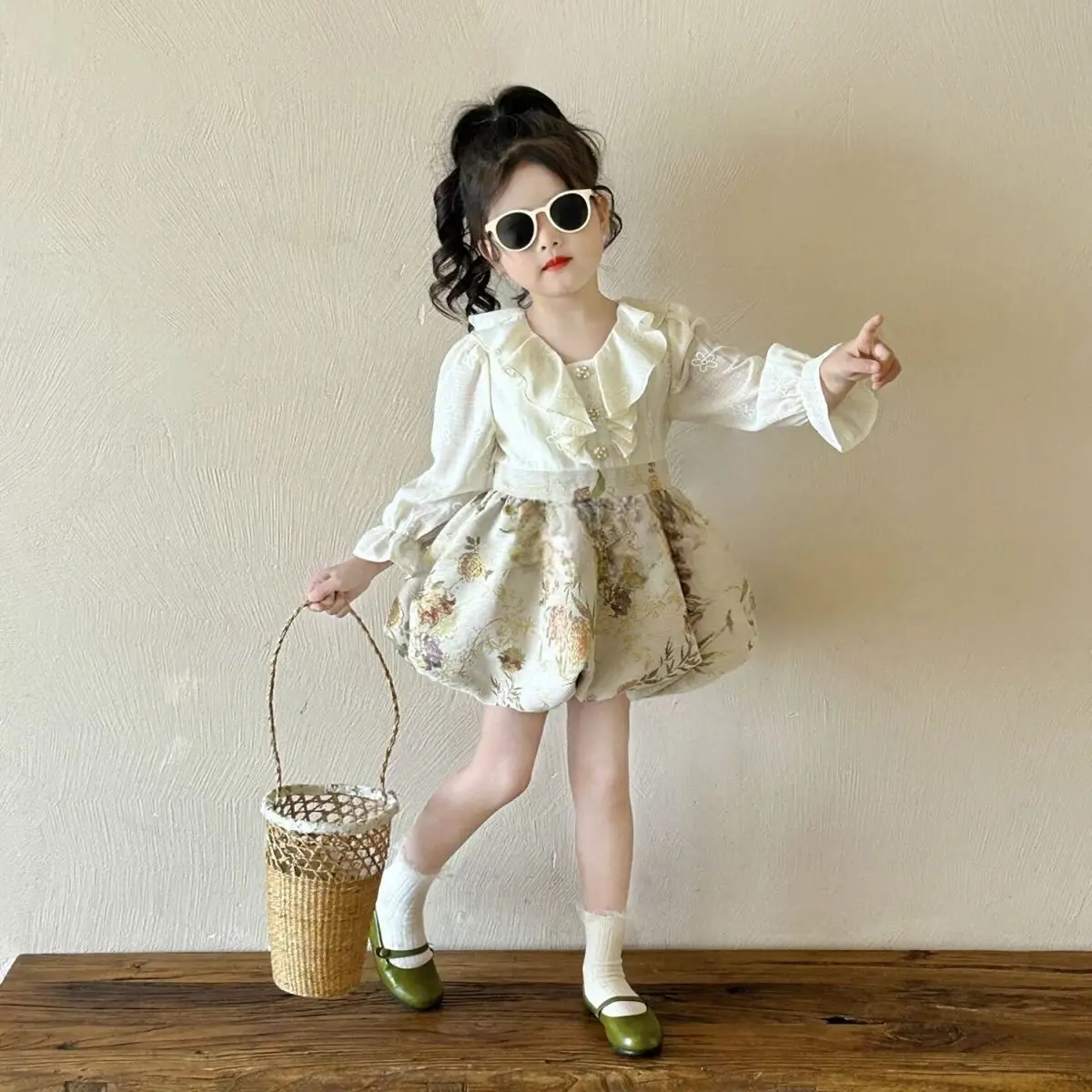 2026 Spring Girls Floral Jacquard Lantern Dress Baby Princess Dress Elegant Kids Party Gown Fairy Outfit