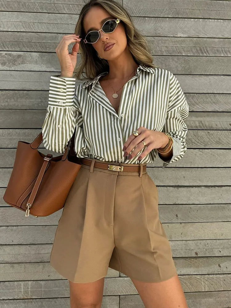 2024-Women\'s Spring New Arrivals Temperament Fashion Casual Loose Versatile Striped Poplin Lapel Shirt Tops