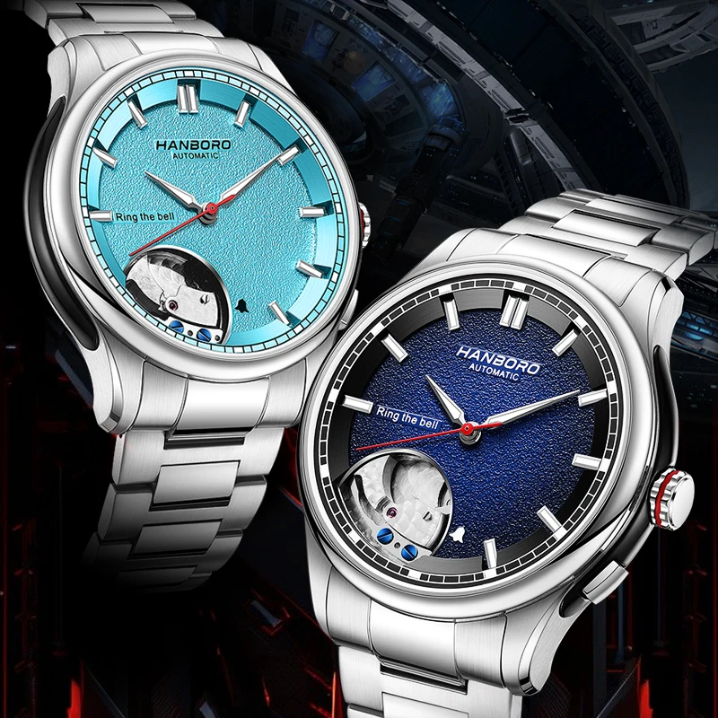 HANBORO Men Automatic Watch 41.5mm Alarm Mechanical Wristwatch Ring The Bell 5ATM Waterproof Sapphire Luminous Skeleton Dial view 4