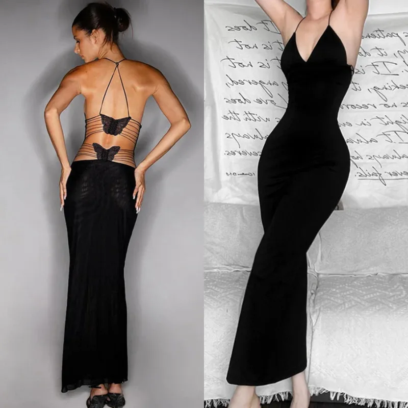 

Sexy Backless Butterfly Strap Dress Chic Printed Slim Fit V-neck Sleeveless Camisole Dress Fashion Women's Party Club Vest Dress