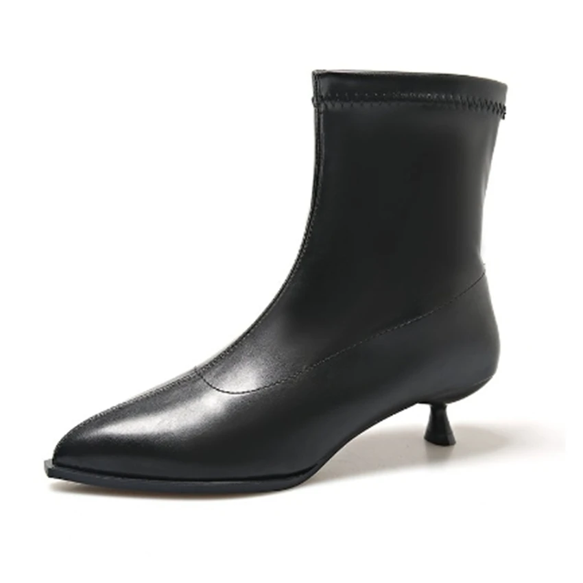 Women's round Head Thick Bottom Short Boots 2024 Autumn and Winter New High Heel Black Real Leather Slip-on Fashion Single Boots