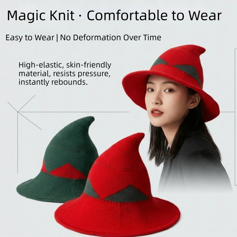 Funny Wide Edges Witch Hat Spire Soft Knitted Wizard Cap Breathable Foldable Halloween Hat Women