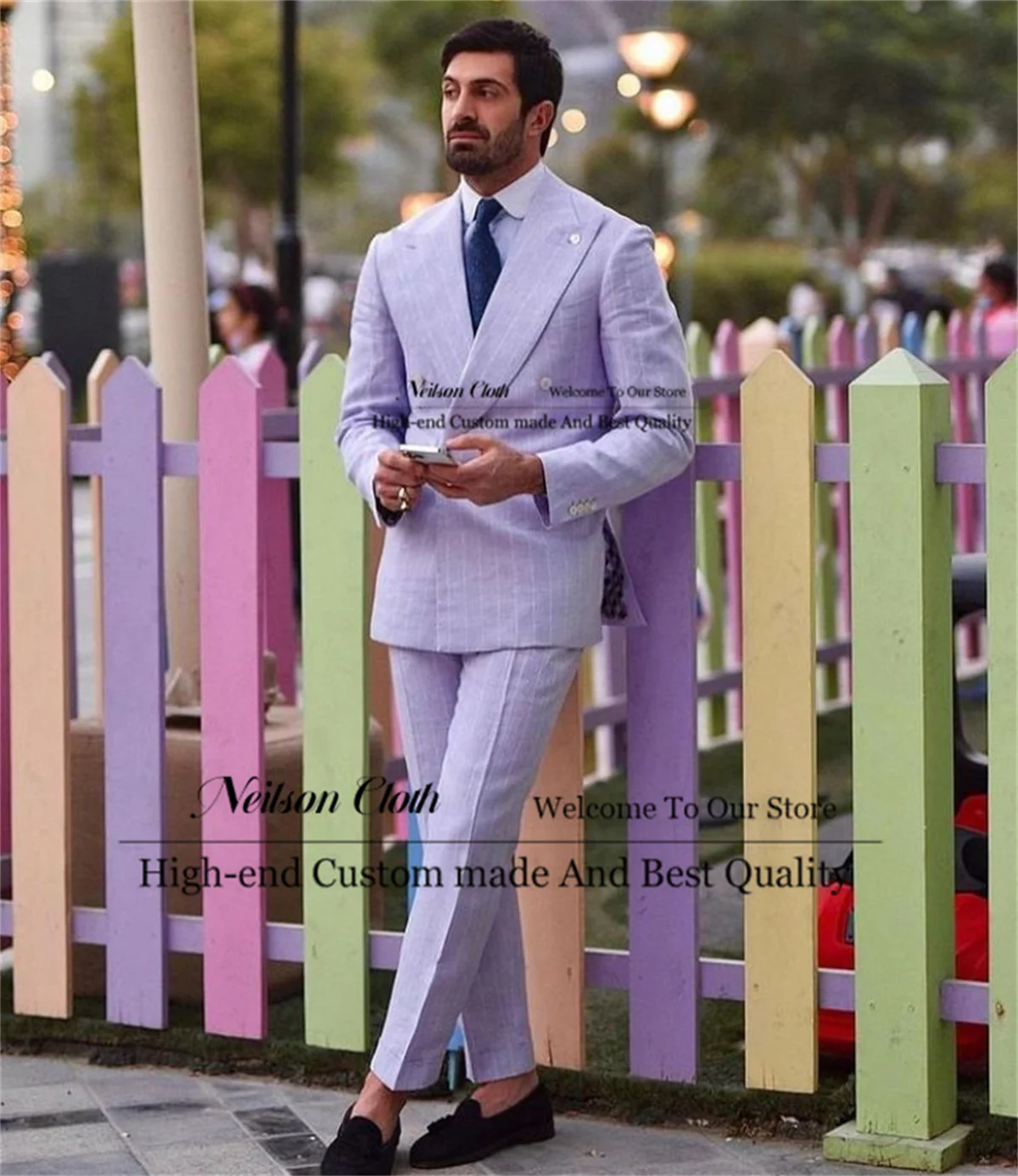 

Fashion Purple Male Prom Blazers 2 Pcs Sets Stripe Double Breasted Groom Wedding Tuxedos Customized Peaked Lapel Costume Homme