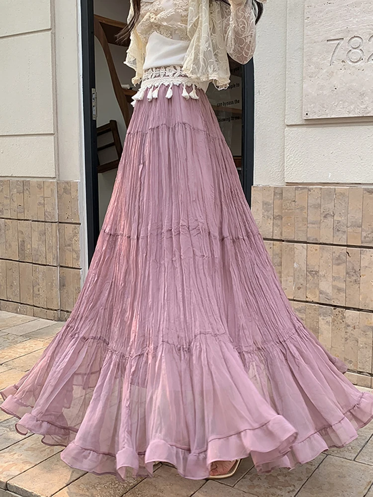 Vrouwen 2025 zomer nieuwe hoge taille effen kleur A-lijn lange patchwork rokken Franse stijl mesh elegante afslankrok