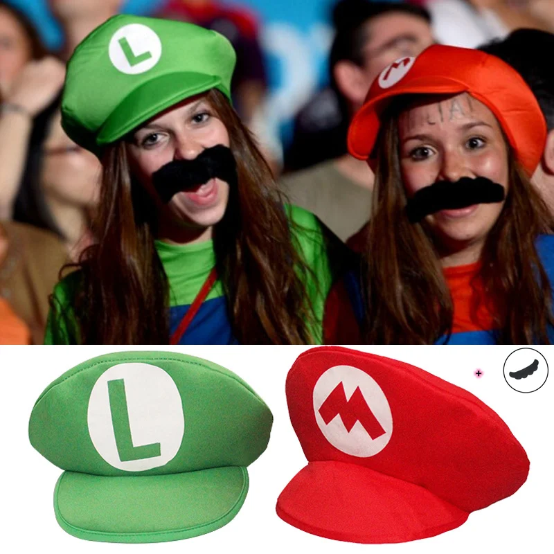 Cartoon Super Game Luigi Bors Red Green Cap With Beard Adult Kids Anime Cosplay Funny Cute Hats Prop Party Outdoor