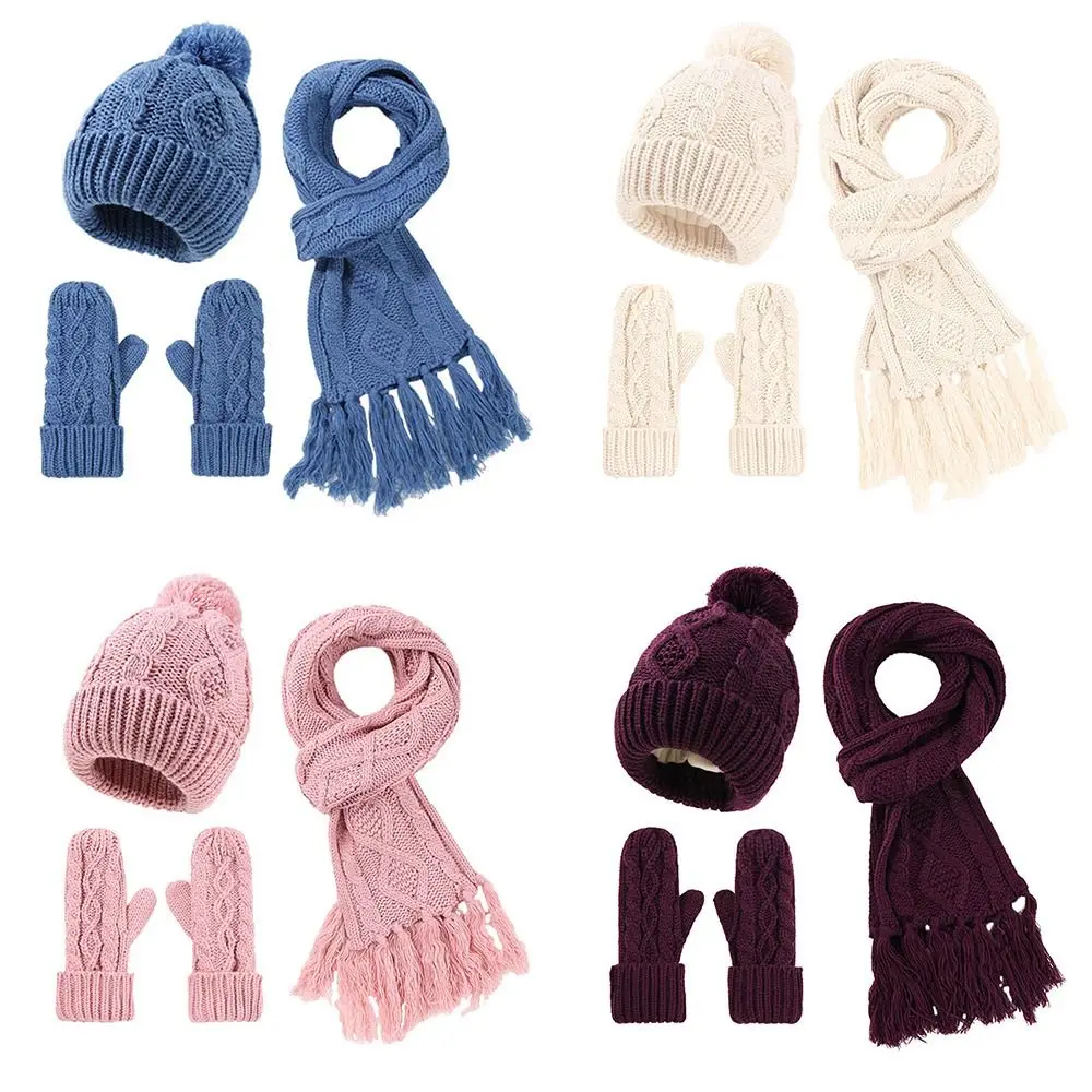 Fashion musim dingin Beanie topi syal sarung tangan Set hangat 3 in 1 Set syal panjang leher hangat rajut Beanie wanita dengan Pom Pom untuk wanita