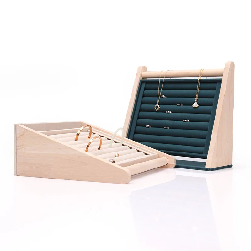 Wood Slope Jewelry Display Necklace Pendant Earrings Rings Organizer Stand Holder Rack Showcase Tray