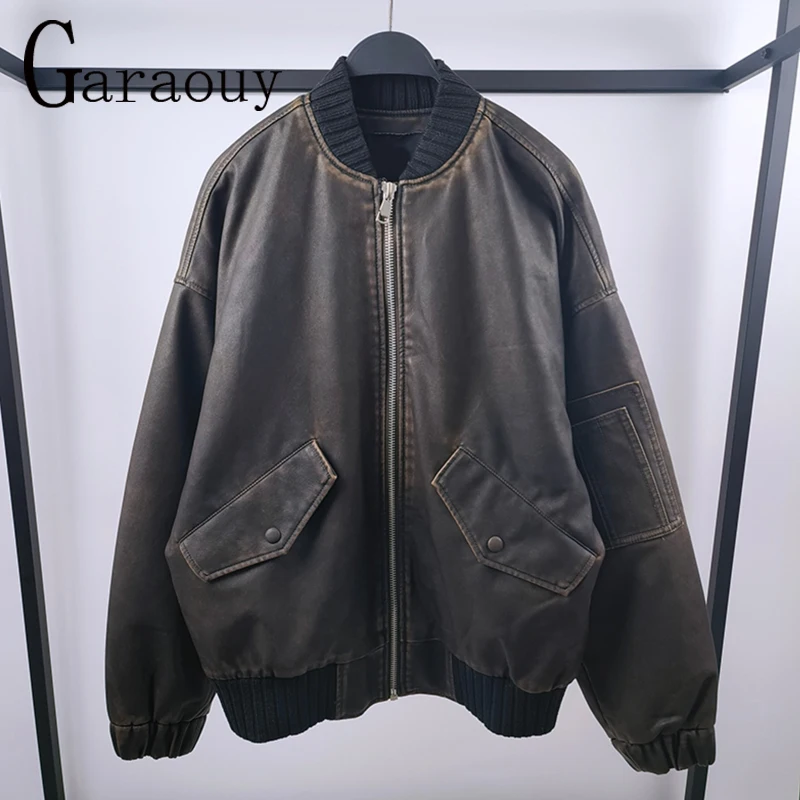 Garaouy 2024 Spring Women Distress Stand Neck Zip Faux Leather Bomber Jacket Female Oversized Loose Quilted PU Coat Outwear Chic