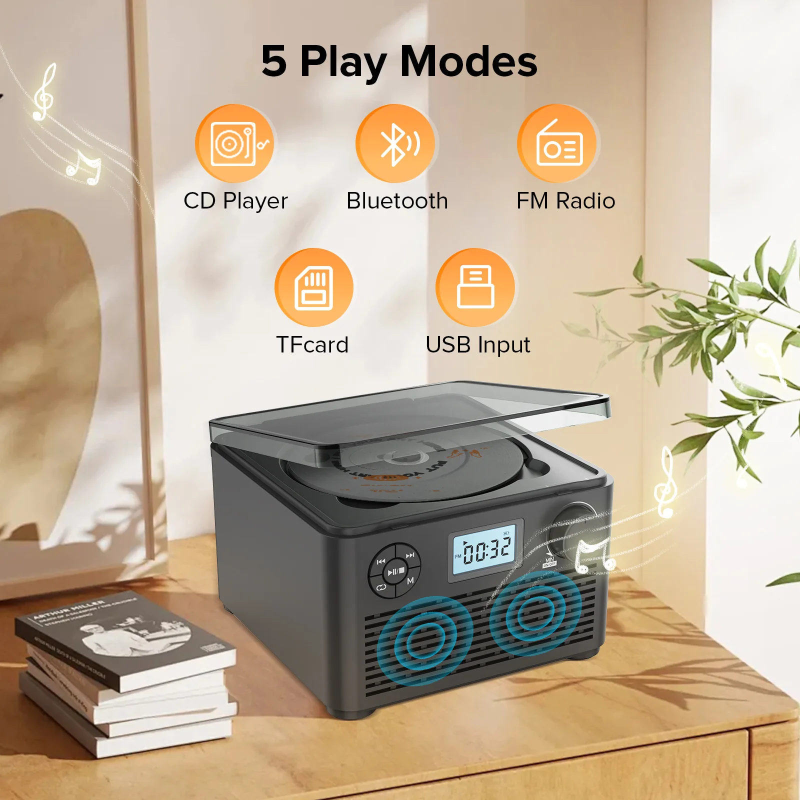 Multifunctional CD Player with Bluetooth Retro Hi-Fi Stereo Sound CD Boombox FM Radio Rechargeable Home Music Player