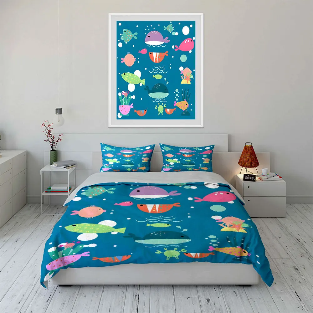 Cartoon Fun Ocean Animal Theme Print Soft Comfortable Duvet Cover Bedding Set Included 1*Duvet Cover  2*Pillowcases