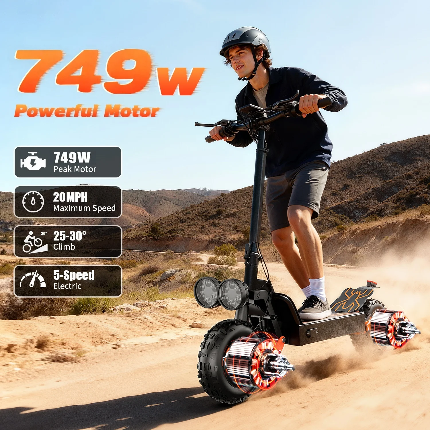 749W Adult Electric Scooter, 48V 30AH, 55-mile range, full suspension, removable seat, alloy frame, US warehouse.