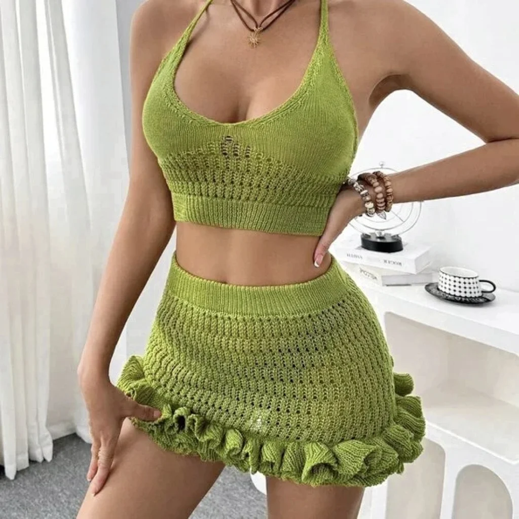 

Летний комплект вязаного короткого платья для пляжного отдыха, топ с завязками, облегающая юбка с рюшами, бикини, сексуальный однотонный стиль, комплект из двух предметов