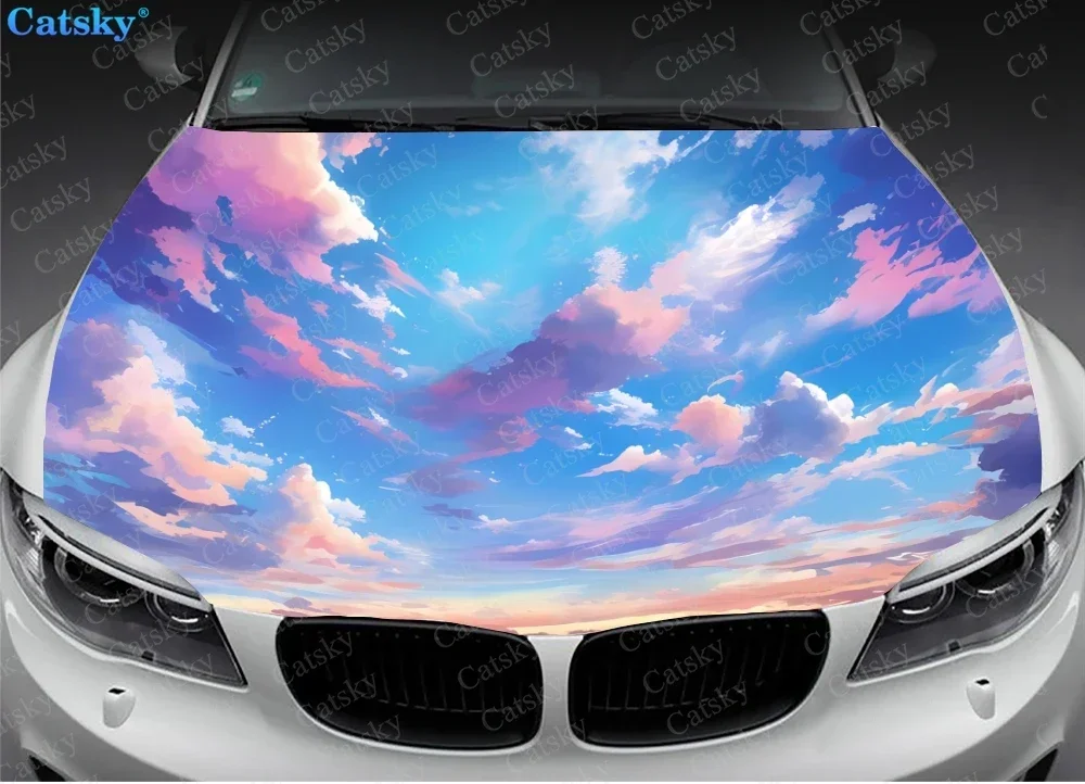 Blue Sky Fluffy Clouds Car Hood Vinyl Stickers Wrap Vinyl Film Engine Cover Decals Sticker Universal Car Hood Protective Film