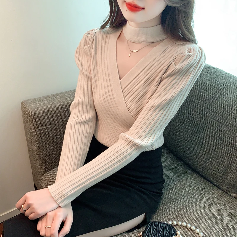 

Hanging Neck Sweater Women's Autumn/Winter New V-Neck Hollow Sexy Knitwear Long Sleeve Underlay Pullover Underlay Irregular Top