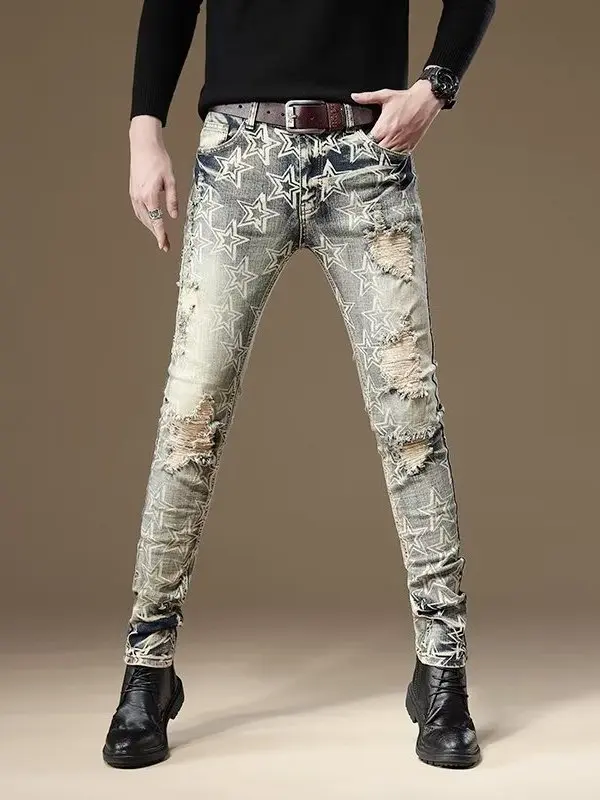 

Retro Print Men's Jeans Spring Summer Elastic Slim Straight Casual Long Pants Wear Resistant Cotton Stretch Denim mid Waist