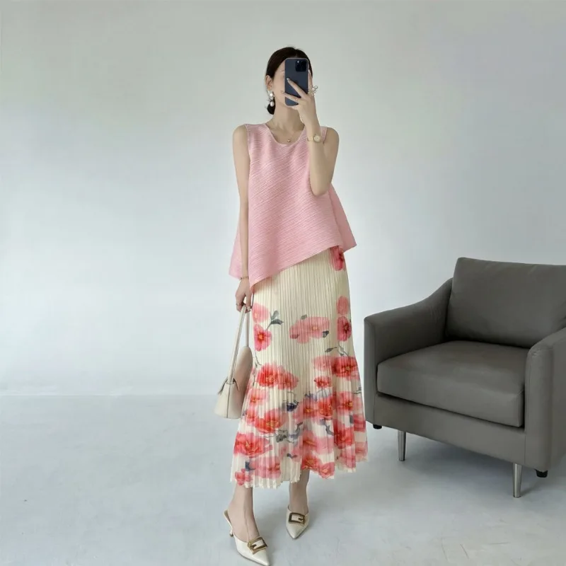 

Miyake Pleated Classic Vest Set 2026 Summer New Plisse Elegant Age-Reducing Versatile Loose Straight Printed Fold Skirt Women