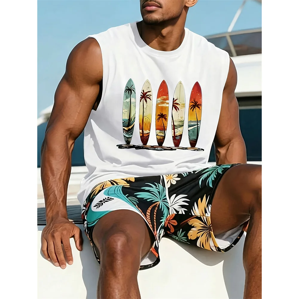 Summer Outdoor Fashion Surf Pattern Tank Top For Men Solid Casual Sleeveless Tee 3D Print Quick Dry Loose Fitness Vest Trend