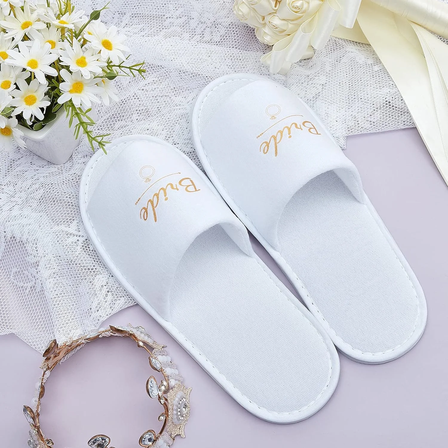 Bride and bridesmaid disposable slippers; wedding party supplies; indoor walking open toe slippers; guest shoes; hotel travel